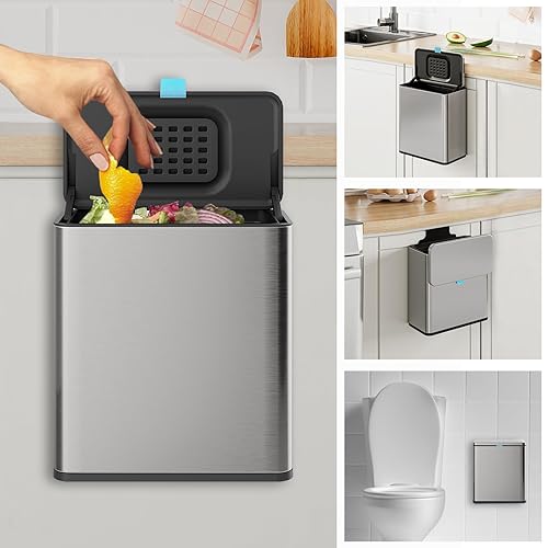 Basurero colgante de acero inoxidable con tapa y cubo interior, contenedor de compost de cocina de 2 galones para encimera, debajo del fregadero o