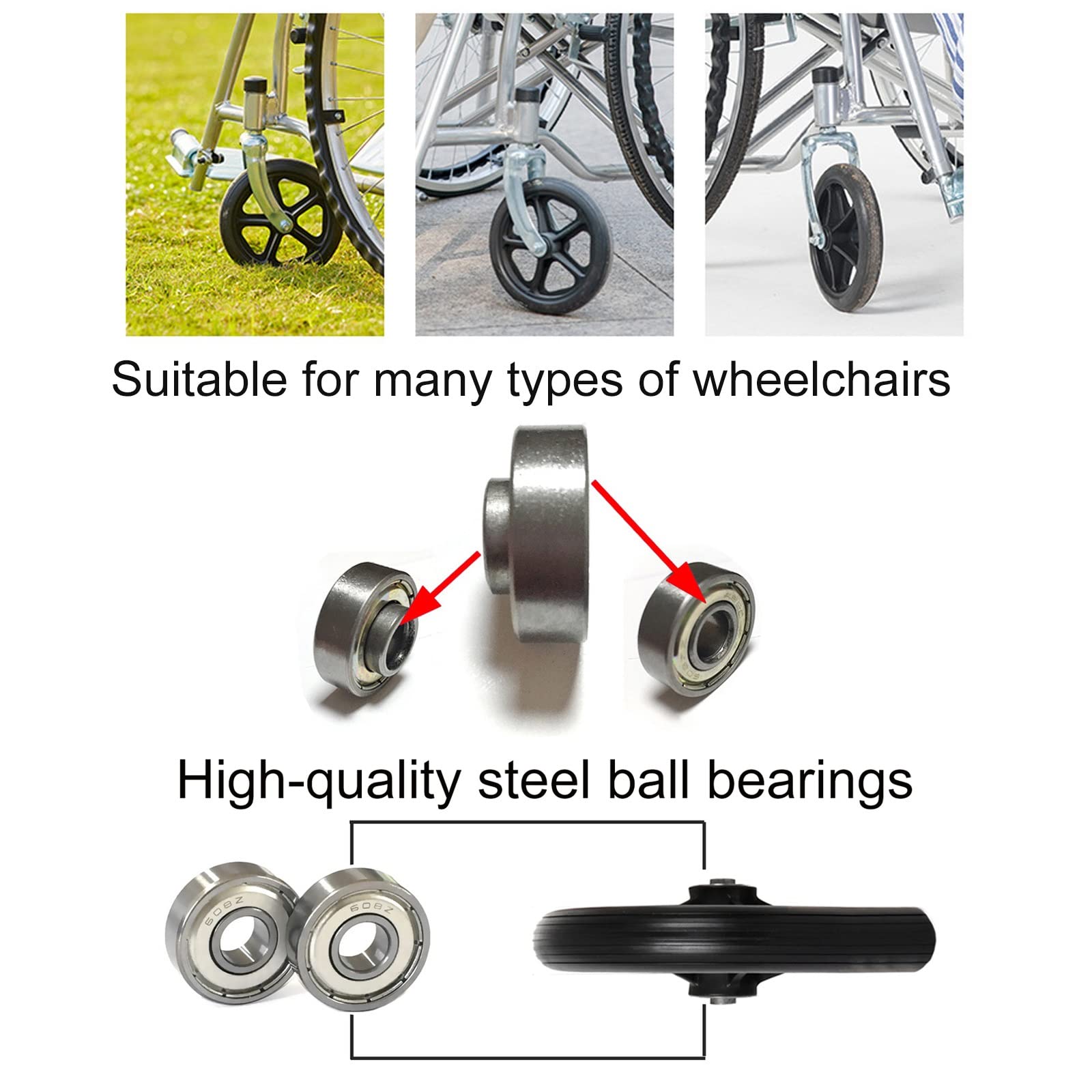 2 Stück Ersatz-Vorderräder für Rollstühle, 7 Zoll und 8 Zoll Rad, 5/16 Zoll Lager, Ersatzräder für vordere Lenkrollen für Rollstühle, 2-3/8 Zoll (60 mm) Nabenbreite, leichte Lenkrolle mit Schraubens