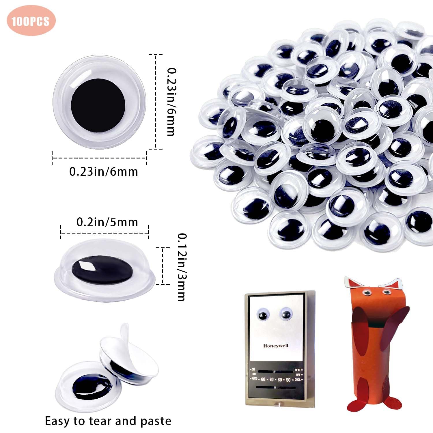 100 Pcs Plastic Self Adhesive Wiggle Eyes Black Round Wiggle Eyes for Party Decorations and Crafts Making (6mm)