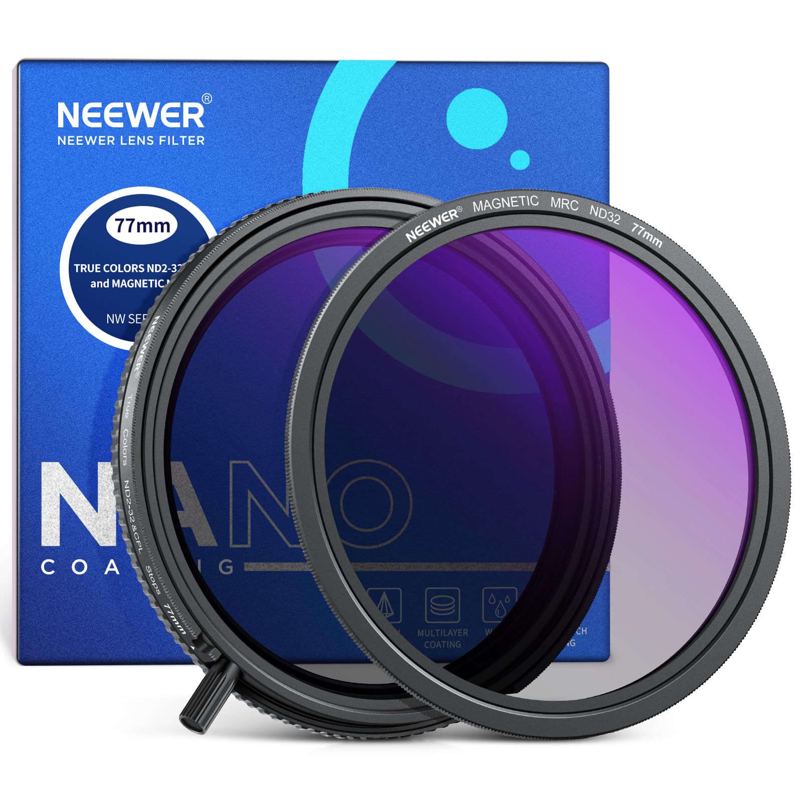 Neewer True Colors 77mm Variable ND2-32 & CPL with Magnetic ND32,Polarized ND Filter Set, 2 in 1 Adjustable One Rotatable Light Reduction Reflection