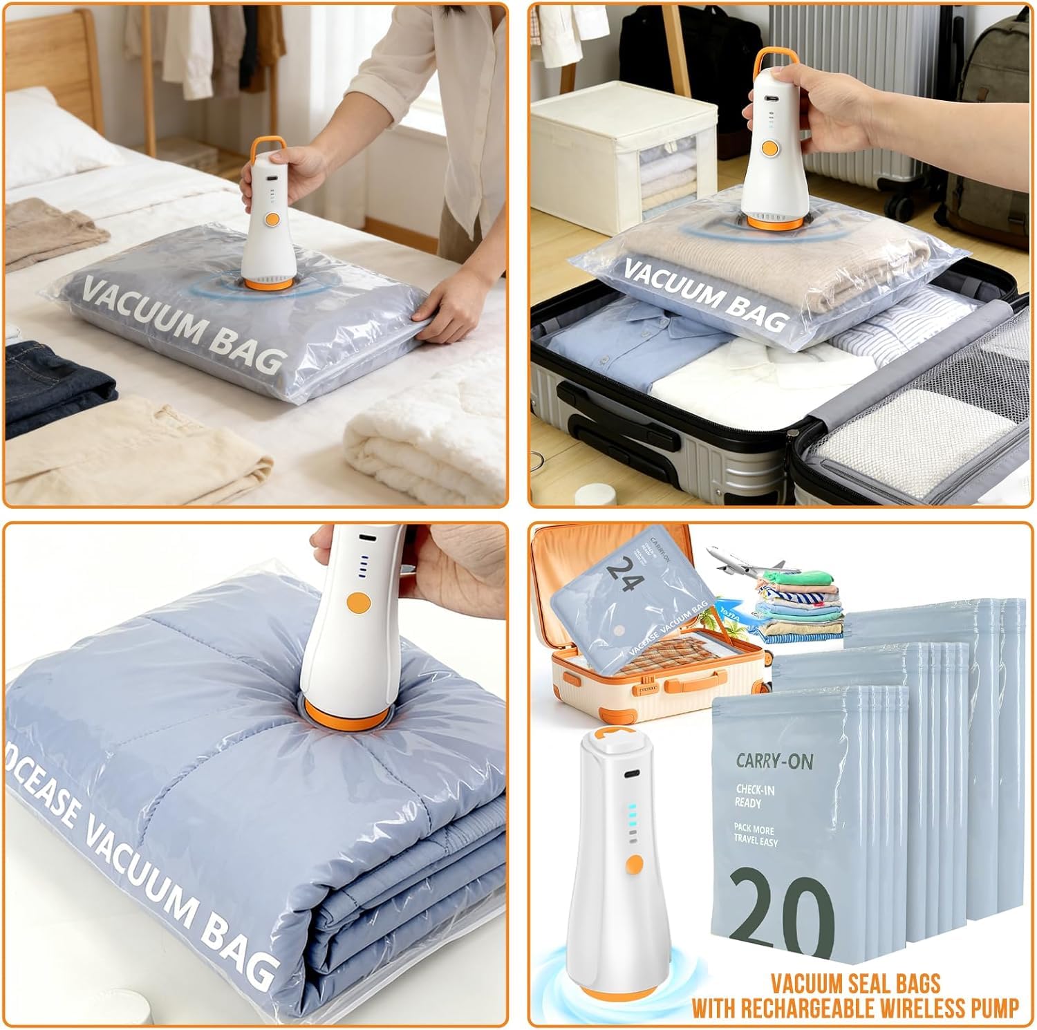 15 sacchetti sottovuoto con pompa elettrica da 6000 Pa, set combinato in 3 misure, salvaspazio fino all'80%, ideali per bagagli da viaggio e conservazione domestica, sacchetti sottovuoto per vestiti