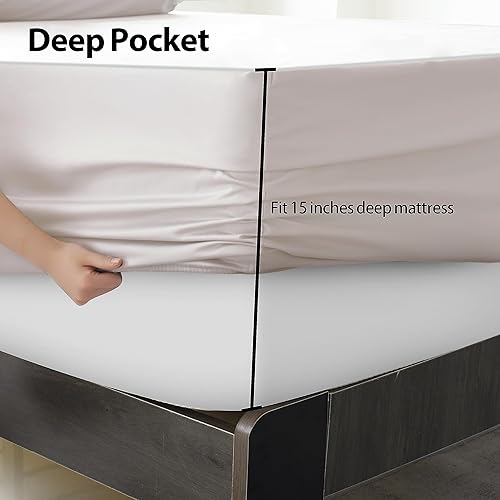 Miniatura 5 de Solo sábana bajera, sábana bajera de 400 hilos, resistente a la decoloración y al encogimiento, tejido satinado suave y sedoso para hogar y hotel