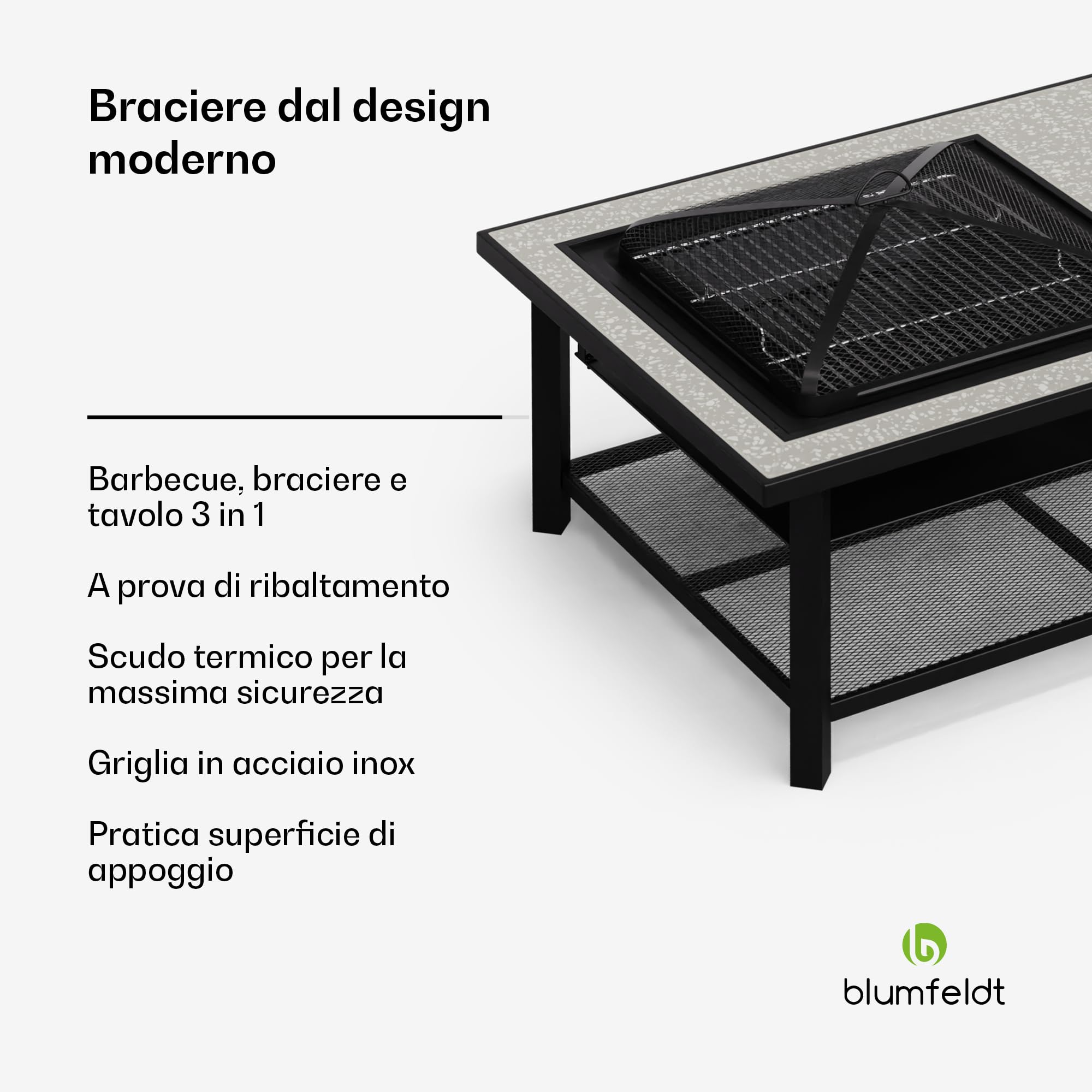 blumfeldt Merano Avanzato L Braciere da Giardino - 3-in-1 Braciere Barbecue & Tavolo, Telaio in Acciaio, Piano in Terrazzo, Include Griglia, Attizzatoio, Parascintille & Coperchio, Nero