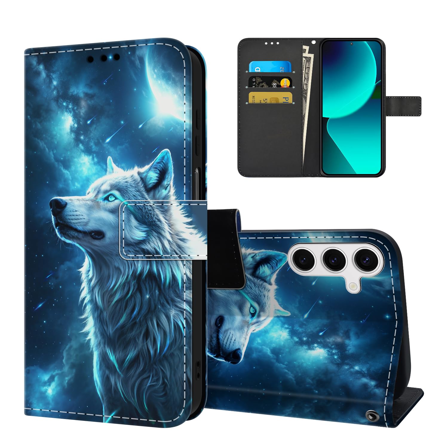 Tveinan Handyhülle für Samsung Galaxy S25 5G Hülle, Premium PU Leder Klappbar Klapphülle mit Muster Schutzhülle Magnet Kartenfach Standfunktion Flip Case Handytasche für Samsung S25 5G - Wolf A