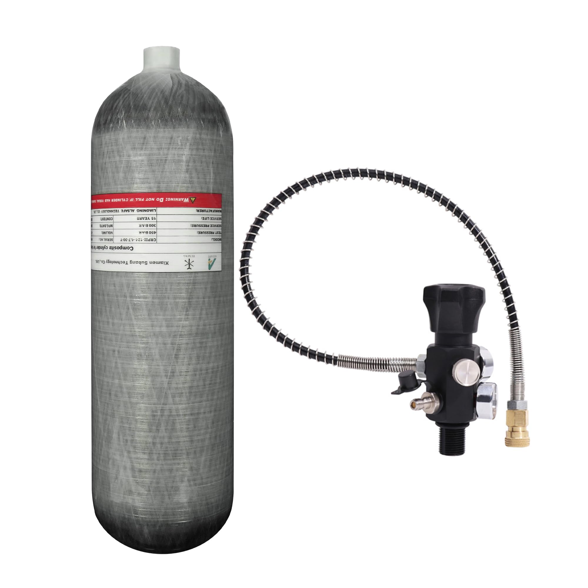 TUXING Depósito de aire fibra de carbono 4,7L 4500 psi 300 bar botella vacía estación llenado paintball dos manómetros manguera alta presión 24 pulgadas M18x1.5