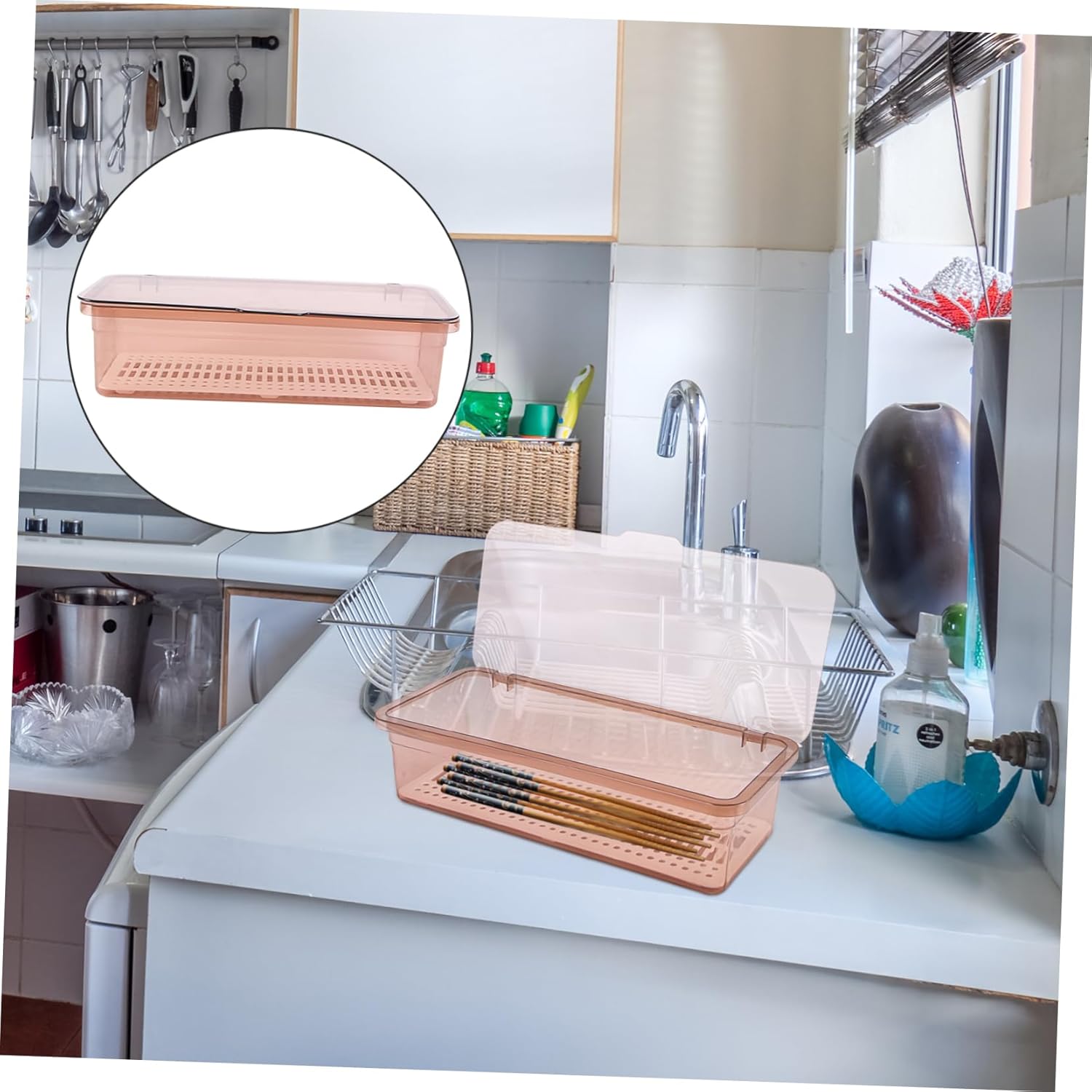 Flatware Tray Kitchen Drawer Organizer With Lid And Drainer- Kitchen Cutlery Tray and Utensil Storage Container with Cover- - Dinnerware Holder