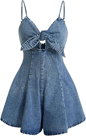 OYOANGLE Womens Vintage Bowknot Spaghetti Strap Denim Romper Sleeveless Wide Leg Jean Short Jumpsuits