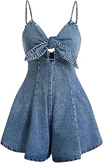 Women's Vintage Bowknot Spaghetti Strap Denim Romper Sleeveless Wide Leg Jean Short Jumpsuits