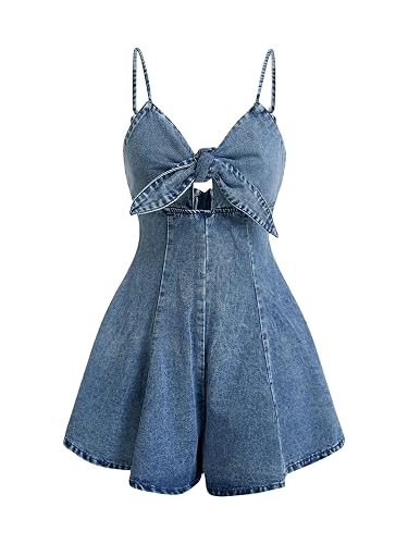 OYOANGLE Women's Vintage Bowknot Spaghetti Strap Denim Romper Sleeveless Wide Leg Jean Short Jumpsuits - X-Large - Light Wash