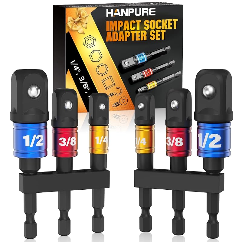 Kit com 6 adaptadores de soquete de impacto HANPURE com haste sextavada de 6,35 mm (1/4 pol.), 9,53 mm (3/8 pol.) e 12,7 mm (1/2 pol.)
