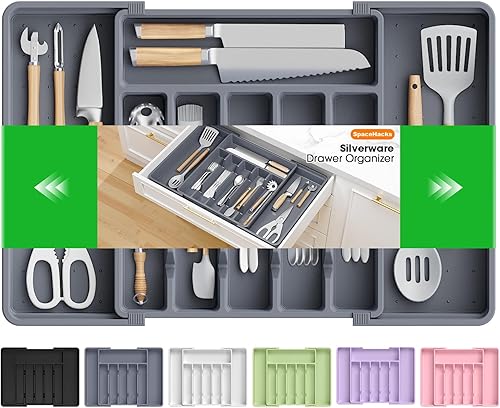 Miniatura 9 de Organizador de cubiertos, Organizador de cajones de utensilios ajustable y expandible, Soporte de utensilios libre de BPA, Bandeja de cubiertos para