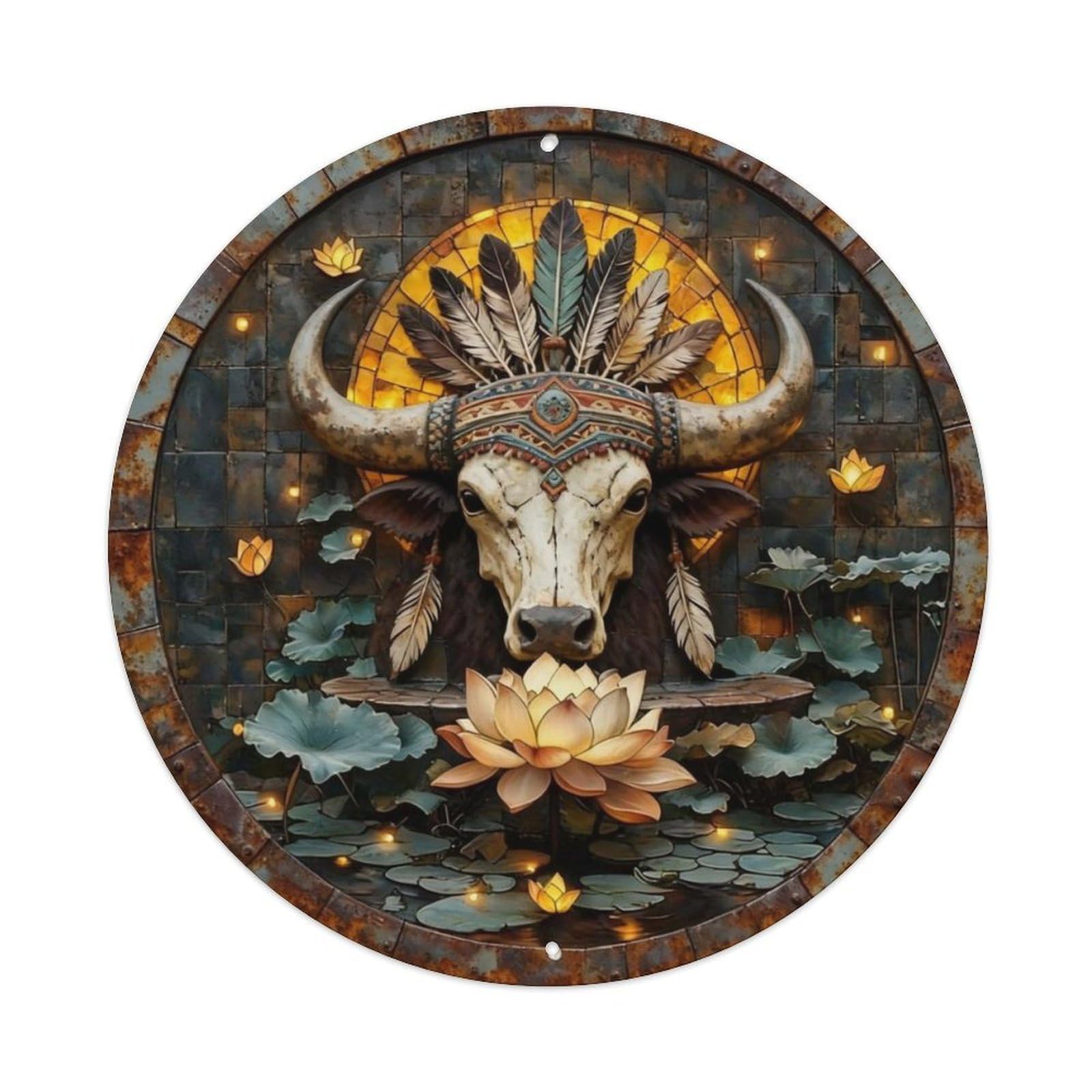Southwest Boho Buffalo Skull Metal Tin Sign Plaque