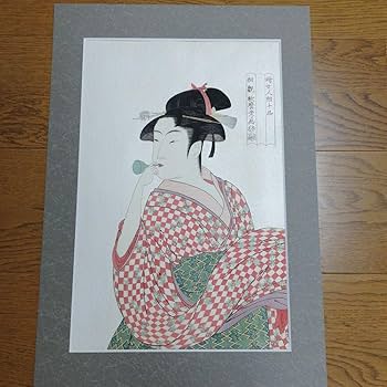浮世絵のビードロを吹く女をモデルにしたハンカチ目立つ傷や汚れ無し額に入れて飾って 浮世絵のビードロを吹く女をモデルにしたハンカチ目立つ傷や汚れ無し
