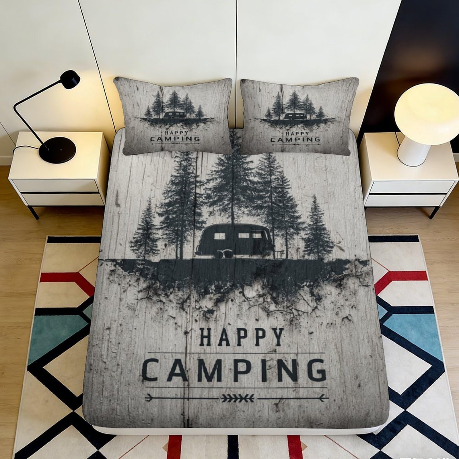 3D Printed Forest Camper Fitted Sheet Microfiber Soft Grey Retro Caravan Bed Cover for Bedroom Guest Room Mattress Decor 90x200x25cm