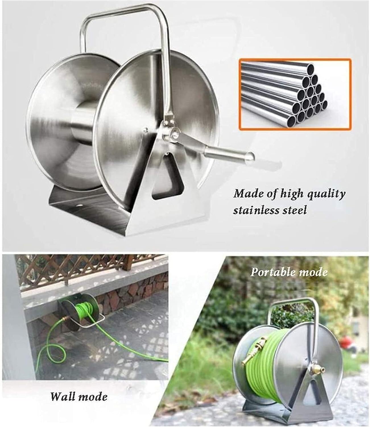 Metalowy bęben na wąż ogrodowy montowany na ścianie, przenośny wieszak ze stali nierdzewnej(25 meters water pipe)