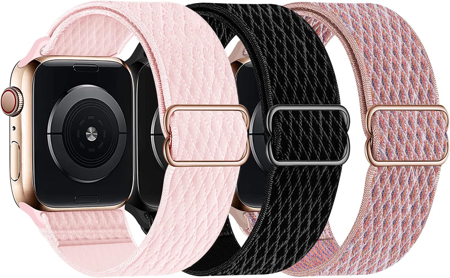 Swhatty Stretchy Nylon Solo Loop Bands Compatible with Apple Watch 49mm 45mm 44mm 42mm, Braided Sport Elastics Women Strap for iWatch Series 8 7 6 5 4 3 2 1 SE Ultra (Black, Pink sand, Pearl pink)