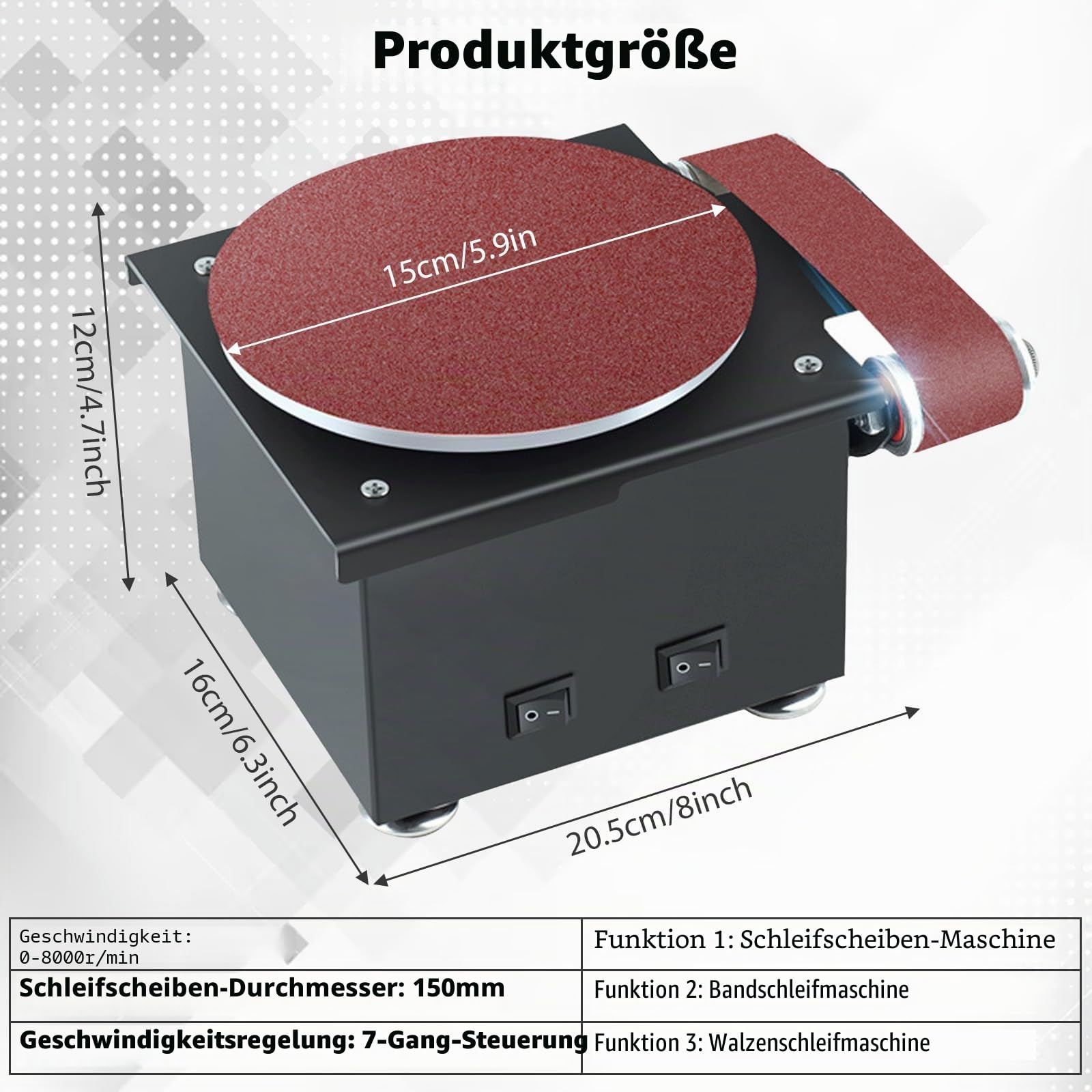 Band und Tellerschleifer, Elektrischer Bandschleifer Einstellbarer Geschwindigkeit, Durchmesser Schleiftellers 150mm, Bandschleifer Lieferung mit 10 Blatt Schleifpapier und 10 Schleifbändern