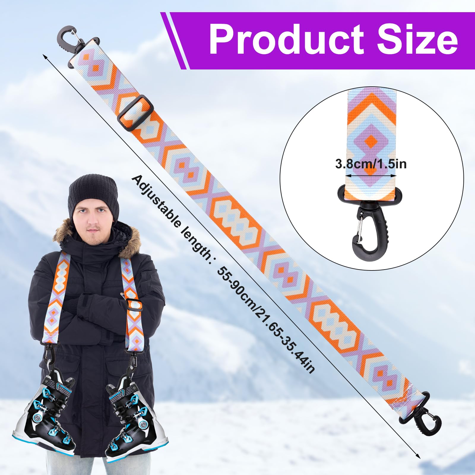 Sangle Baton de Ski, Réglables Sangle Skate avec Boucle Pivotante à 360° Sangle d'Épaule de Ski Laisse de Patins à roulettes Accessoires de Ski pour Ski, Snowboard
