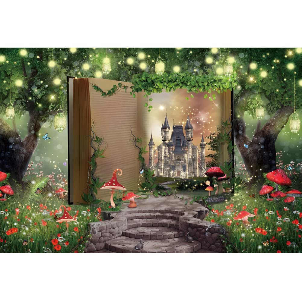 3x2,5m Bosque Telón de fondo Libro Mágico Mundo de cuento de hadas Telón de fondo Bosque de Fantasía Castillo Seta Hierba Flores Luces de purpurina Fotografía de Fondo