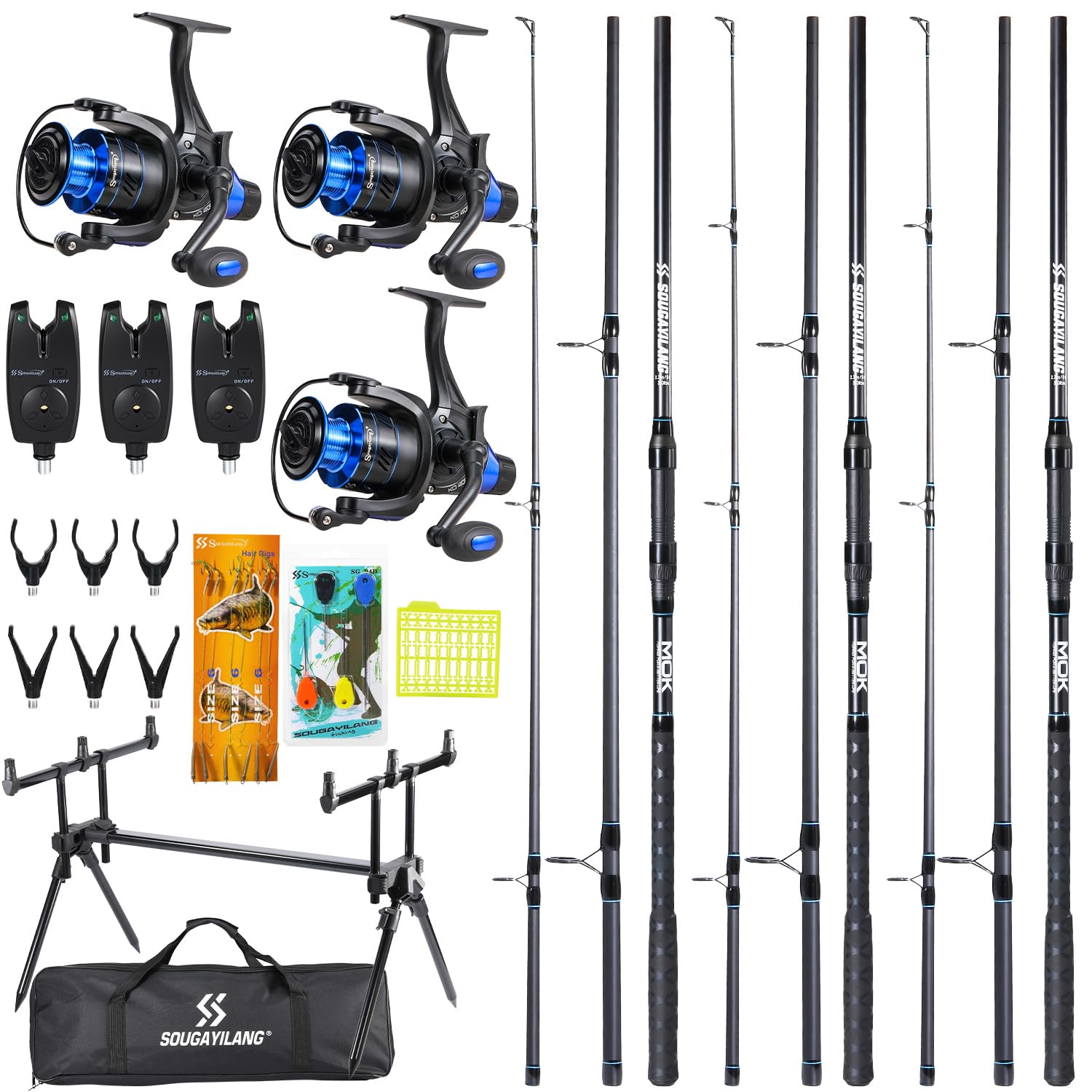 Sougayilang Ensemble de pêche à la carpe, 3 cannes de 3,3 m + moulinets série 4000, détecteurs de morsure, support de canne réglable, kit complet pour lacs et rivières à la carpe