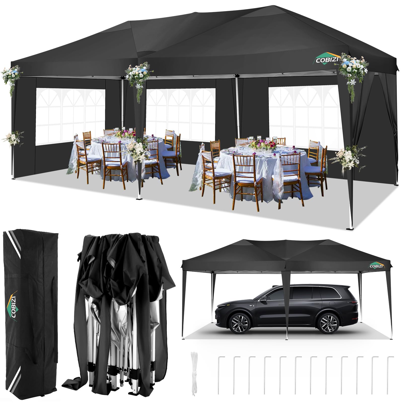 COBIZI Canopy 10x20 Pop Up Canopy with 6 Sidewalls, Waterproof Canopy Outdoor Event Shelter Sun Shade Protable Tent for Parties Beach Camping Commercial Instant Canopy, Black