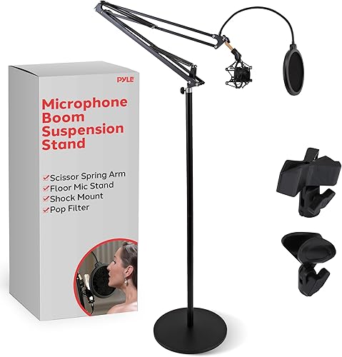 Pyle Soporte de suspensión para micrófono soporte de micrófono con brazo de tijera con soporte de choque, filtro pop integrado, extensión máxima de