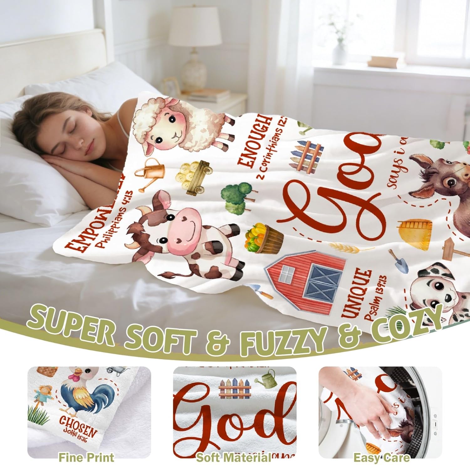 Farm Animal Blanket,Bible Verse Blanket, Christian Gifts, Cow Sheep Horse Chicken Dog Tractor Print Blankets,Cute Religious Gifts for Girls Boys,Farm Animals Lover Room Bed Decoration, 40"x50” - Image 5