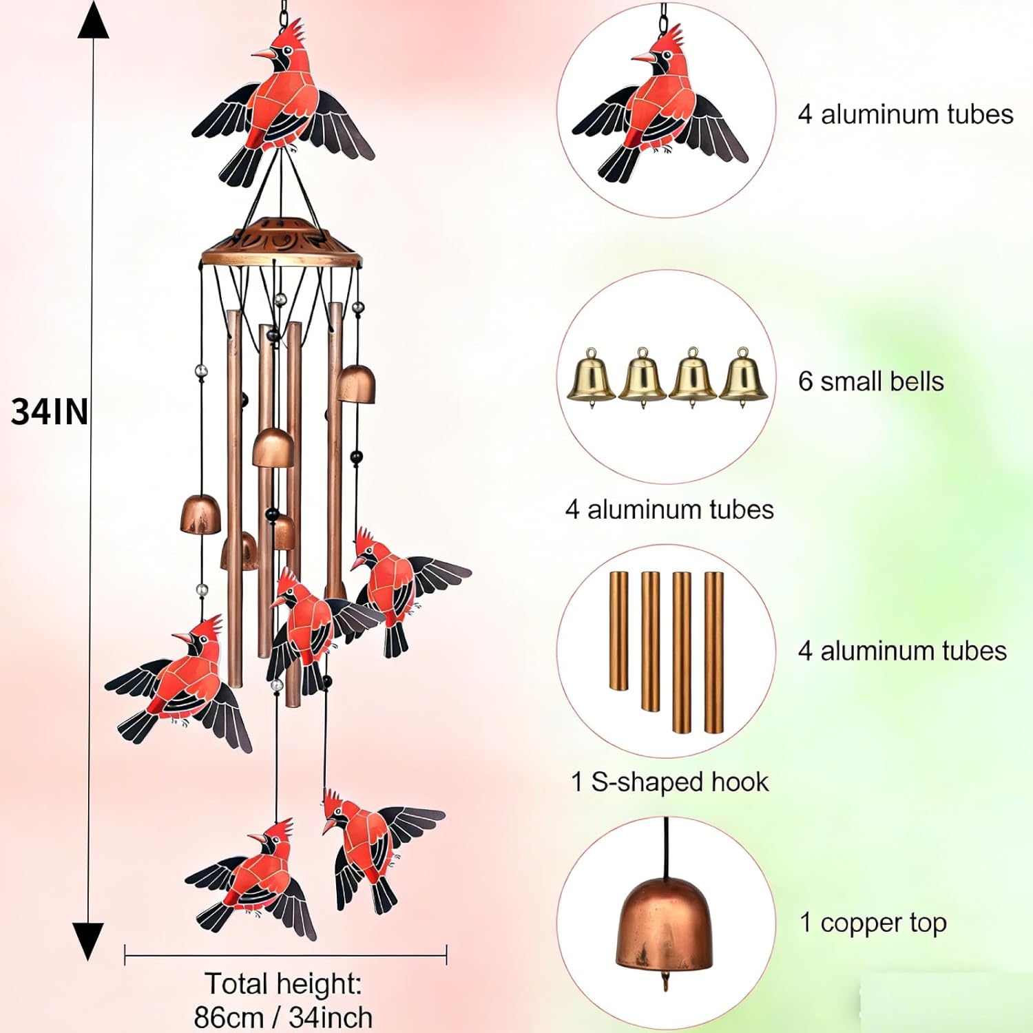 Cardinal Wind Chimes for Outside, Metal Bird Wind Chime with Aluminum Tubes, Garden & Porch Outdoor Decor, Red Cardinal Yard Decoration Gift