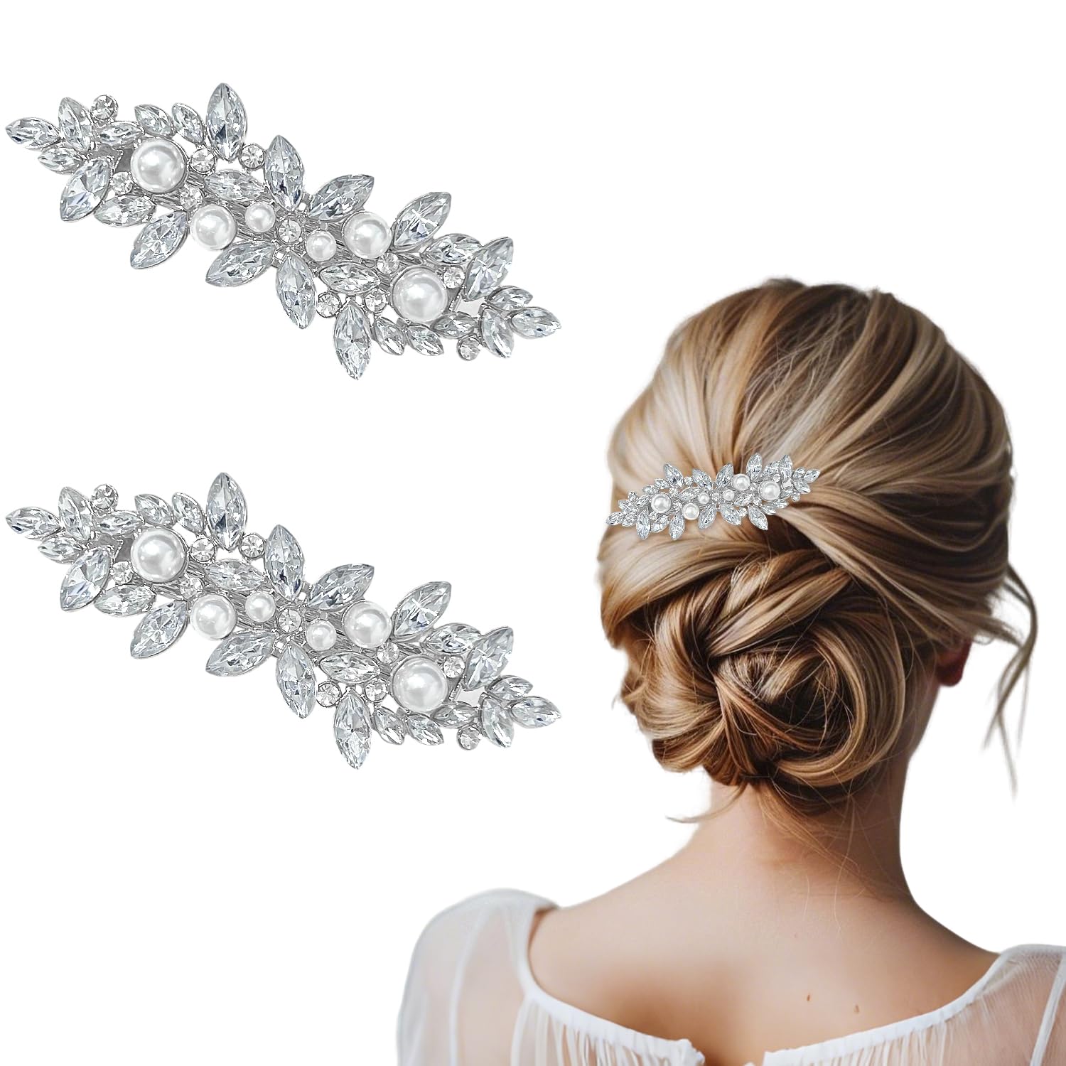 2Pcs Pearl Silver Hair Clips, Elegant Barrettes for Women and Girls Ideal Hair Accessories for Weddings Parties, Prom, or Daily Wear