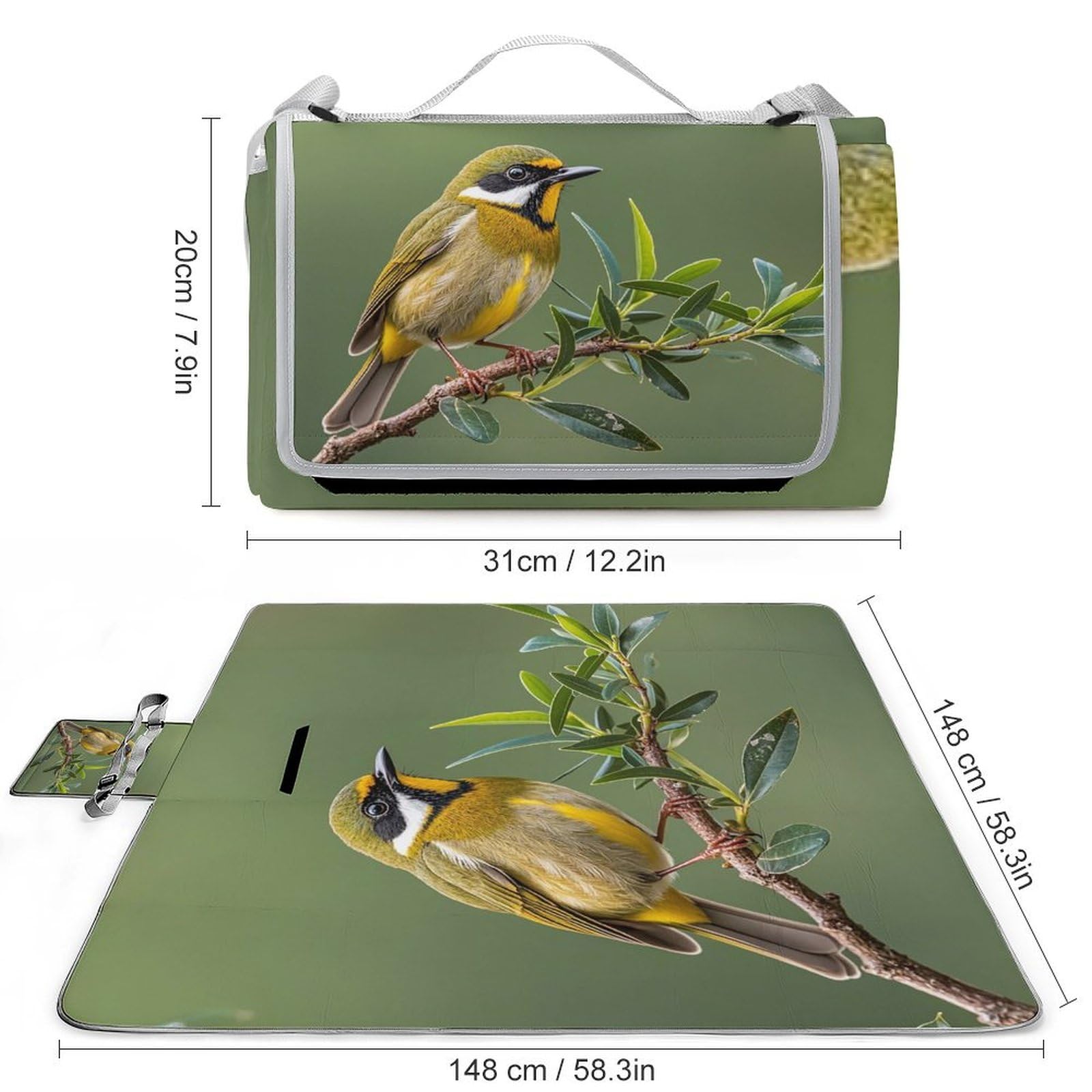 Tappetino da picnic con uccelli in fiore verde oliva, tappetino pieghevole impermeabile con borsa tote grande tappetino da picnic all'aperto 147,3 x 147,3 cm coperta da campeggio per spiaggia