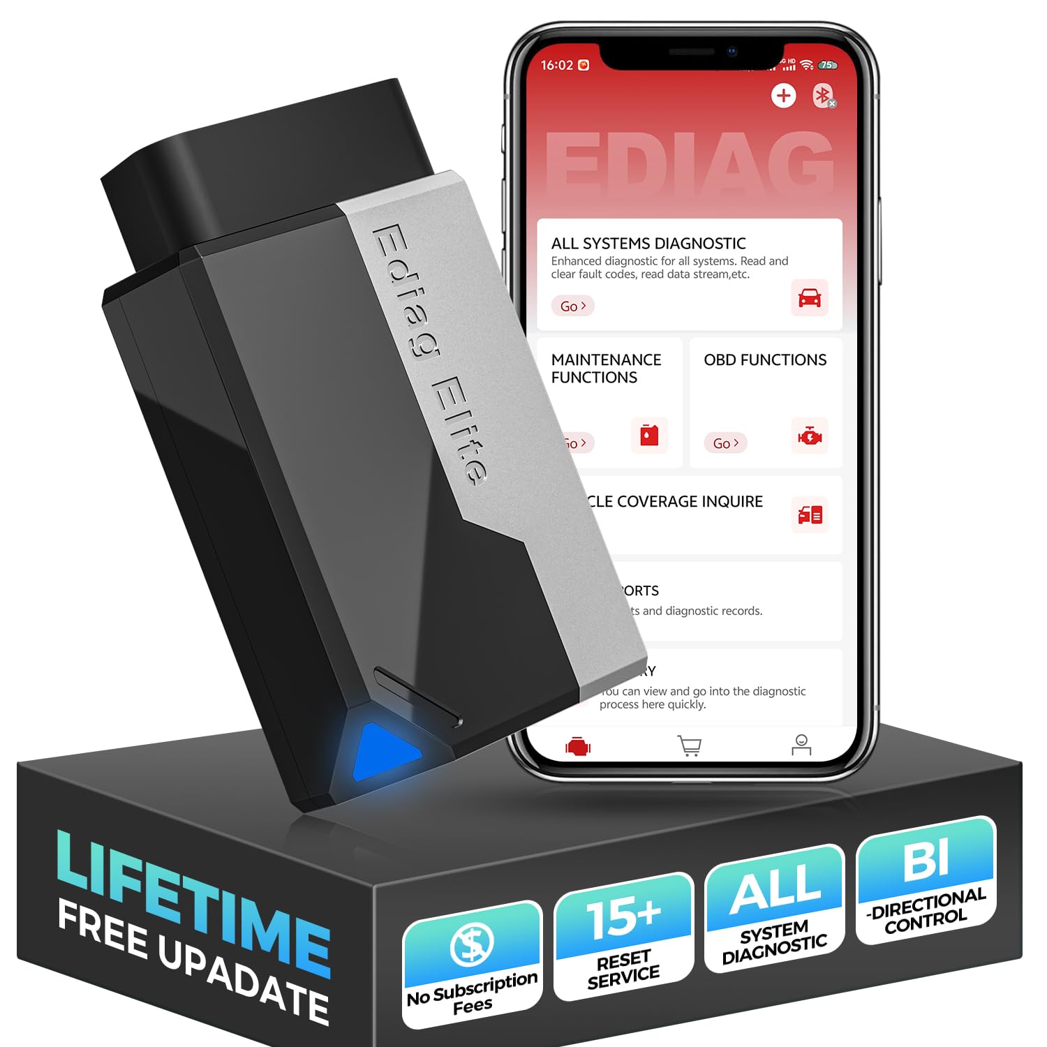 KINGBOLEN EDIAG Elite OBD2 Diagnosegerät Bluetooth,Auto Auslesegerät mit Vollständige System,15 Resets und Aktiver Test, Fahrzeugleistungstest für iPhone & Android,FCA und Can FD,Lebenslange Updates.