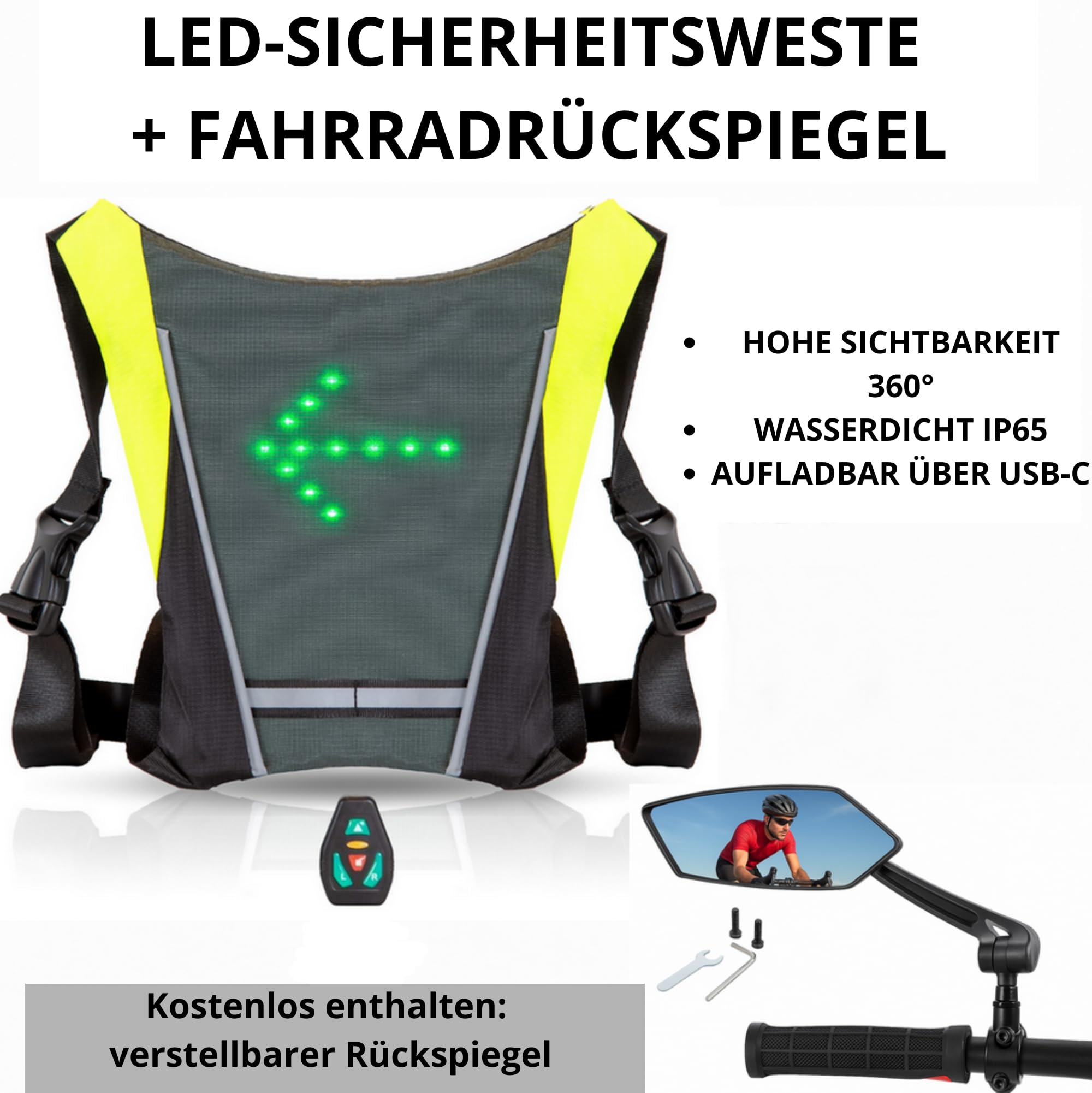 Diavo Reflektierende Fahrradweste – Sicherheitsausrüstung für Roller, Fahrrad, Mountainbike und Laufsport, wiederaufladbar über USB mit LED-Blinklicht und Fernbedienung, einfache Installation