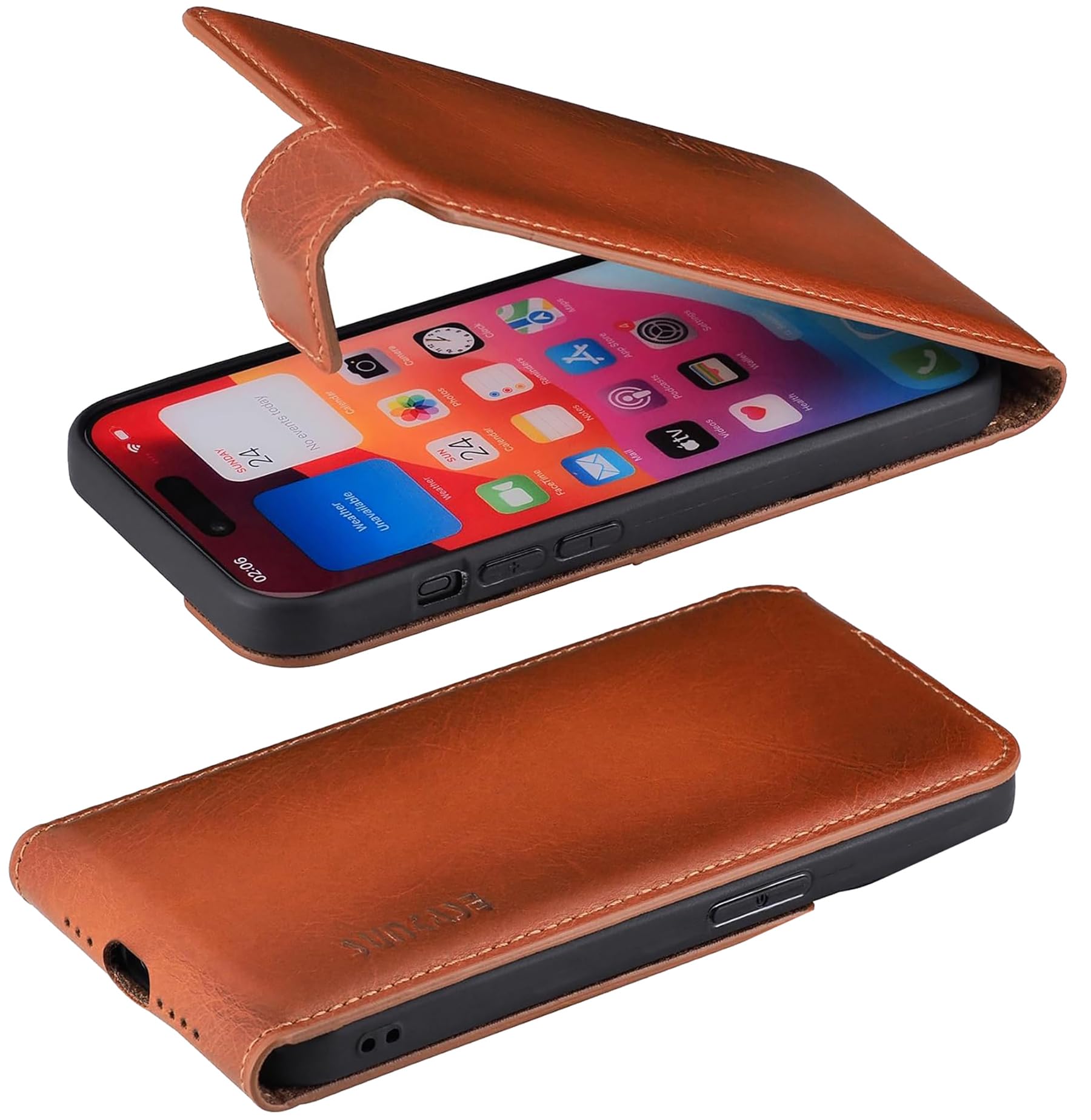Suncase Étui de protection à rabat original en cuir véritable ultra fin compatible avec iPhone 17e Cognac brûlé