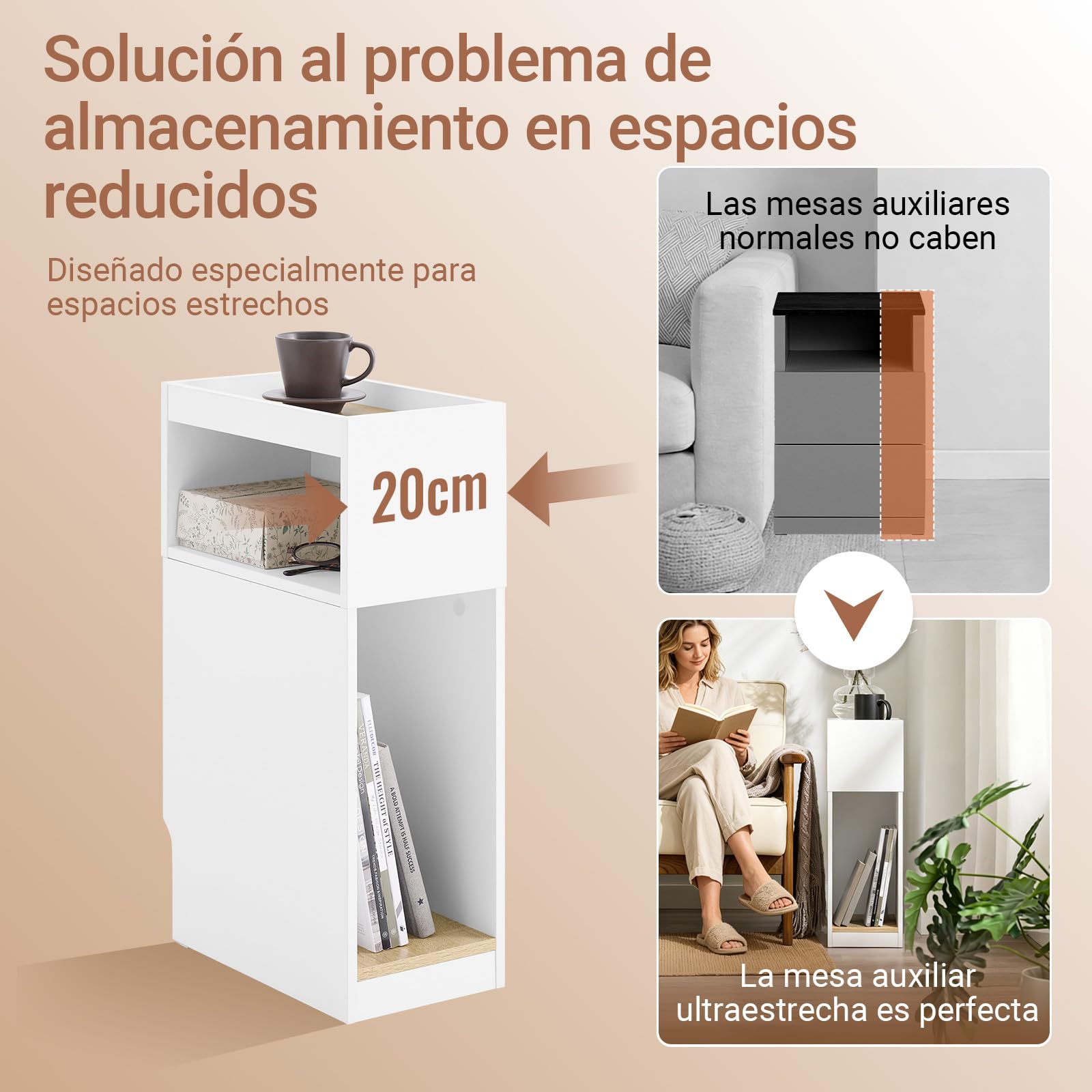 SoBuy Set de 2 mesas auxiliares estrechas con cajón, 20x35x60cm salón | Mesita de noche compacta con almacenamiento, diseño ahorraespacio para dormitorio y sofá, blanco, FBT171-WNx2