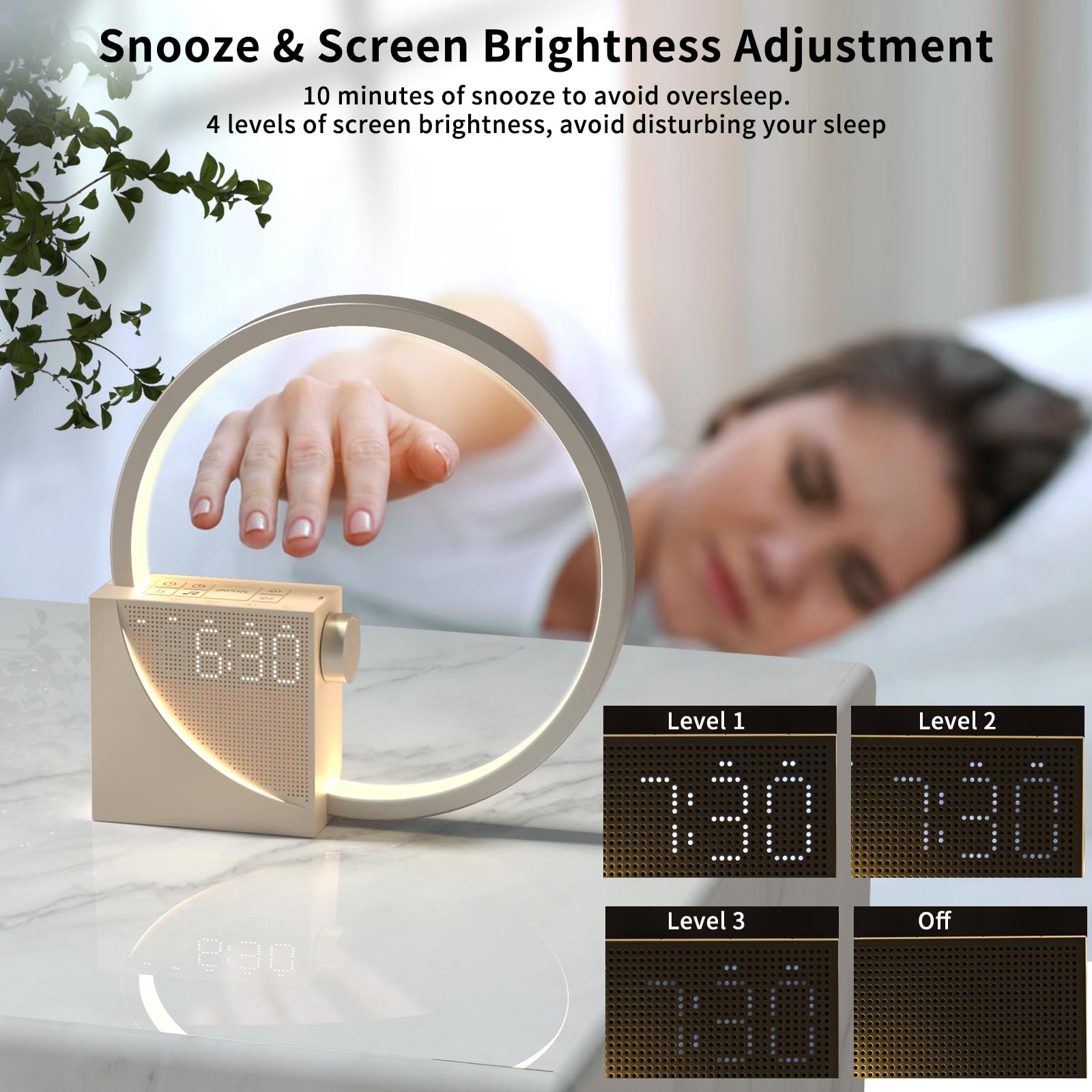 blonbar Lampada da comodino con funzione di ricarica USB da 10 W, Wake Up, 2 sveglia, 3 livelli di luminosità, touch control, dimmerabile, 10 suoni naturali (Minimalista)