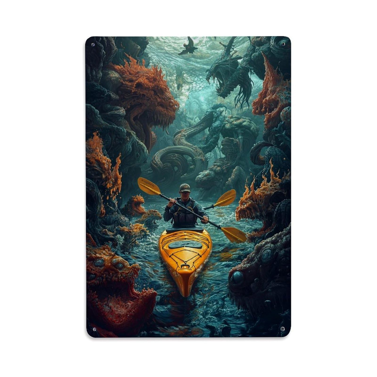 Jdfenggu Vintage Fantasy Underwater Dragon Kayak Adventure Retro Metal Tin Sign, Decor Art Poster For Bar, Home, Man Cave, Kitchen, Laundry Room Gift 8X12inch