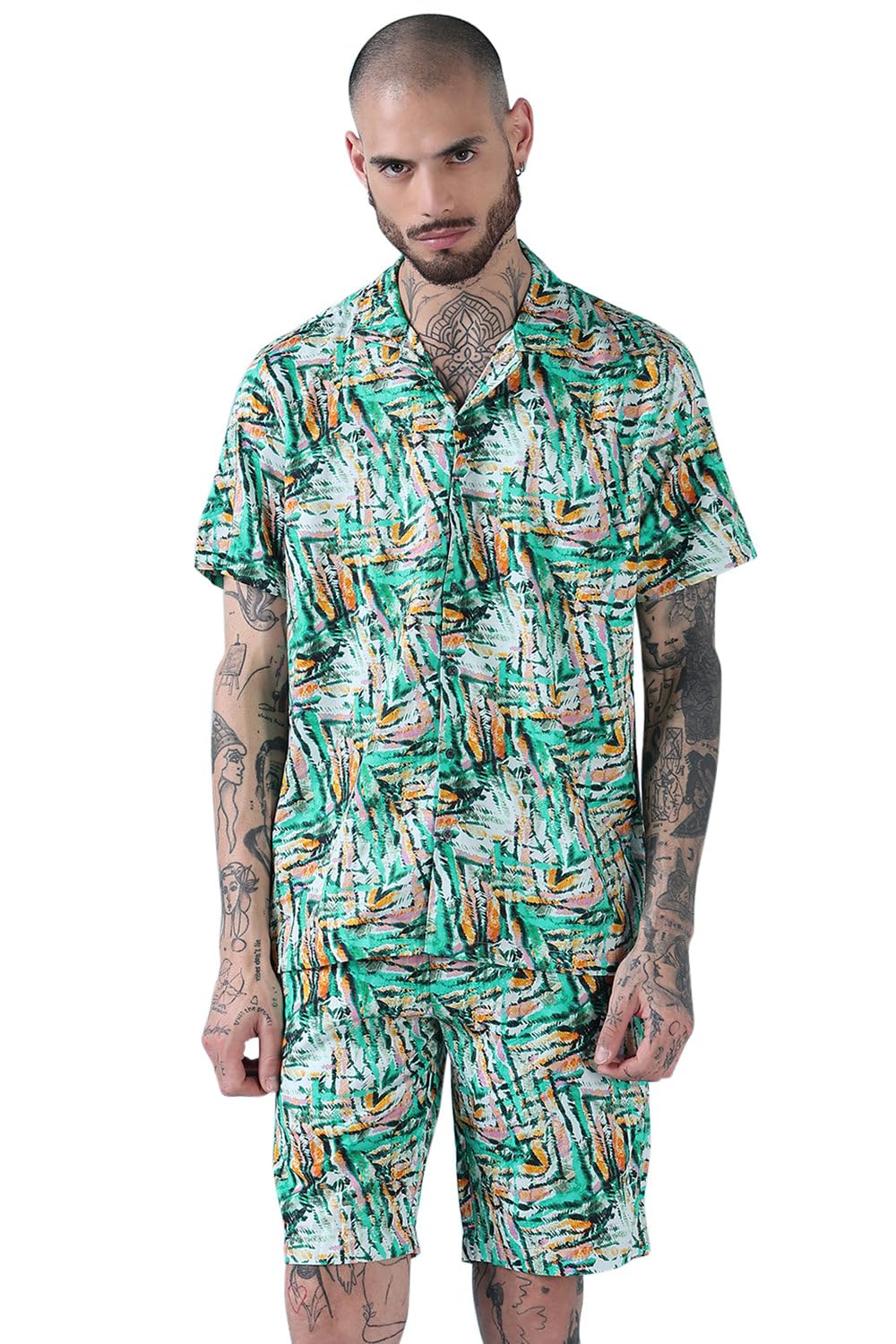 showoffff Edition Men's Green Printed Cuban Collar Relaxed Fit Co Ords Set-Rickrack-1946_Green-picture-11