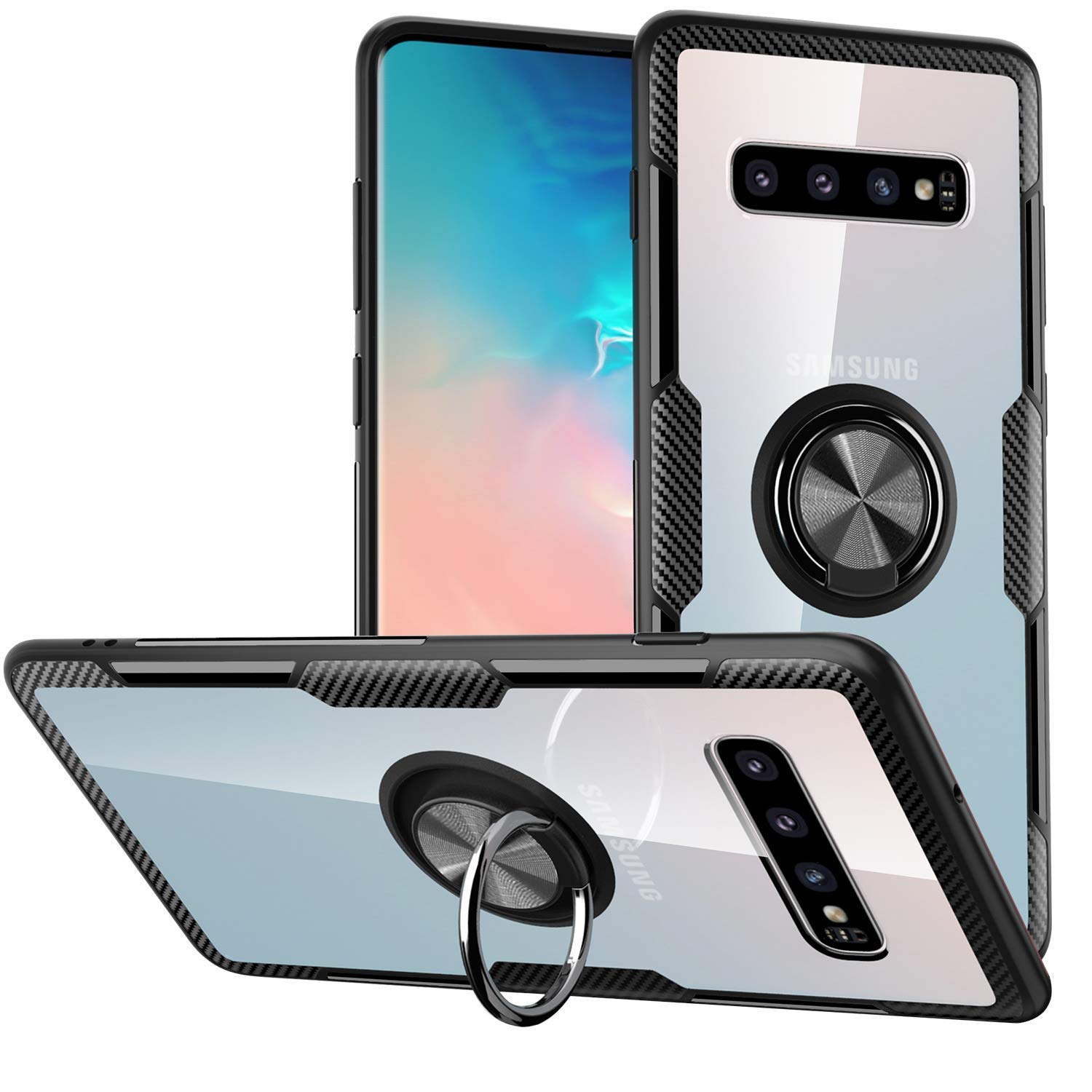 QLTYPRI Samsung Galaxy S10 Plus case Transparent Tempered Glass Back Cover with Silicone Bumper 360 Rotating Magnetic Finger Ring Holder Kickstand - Silver Black