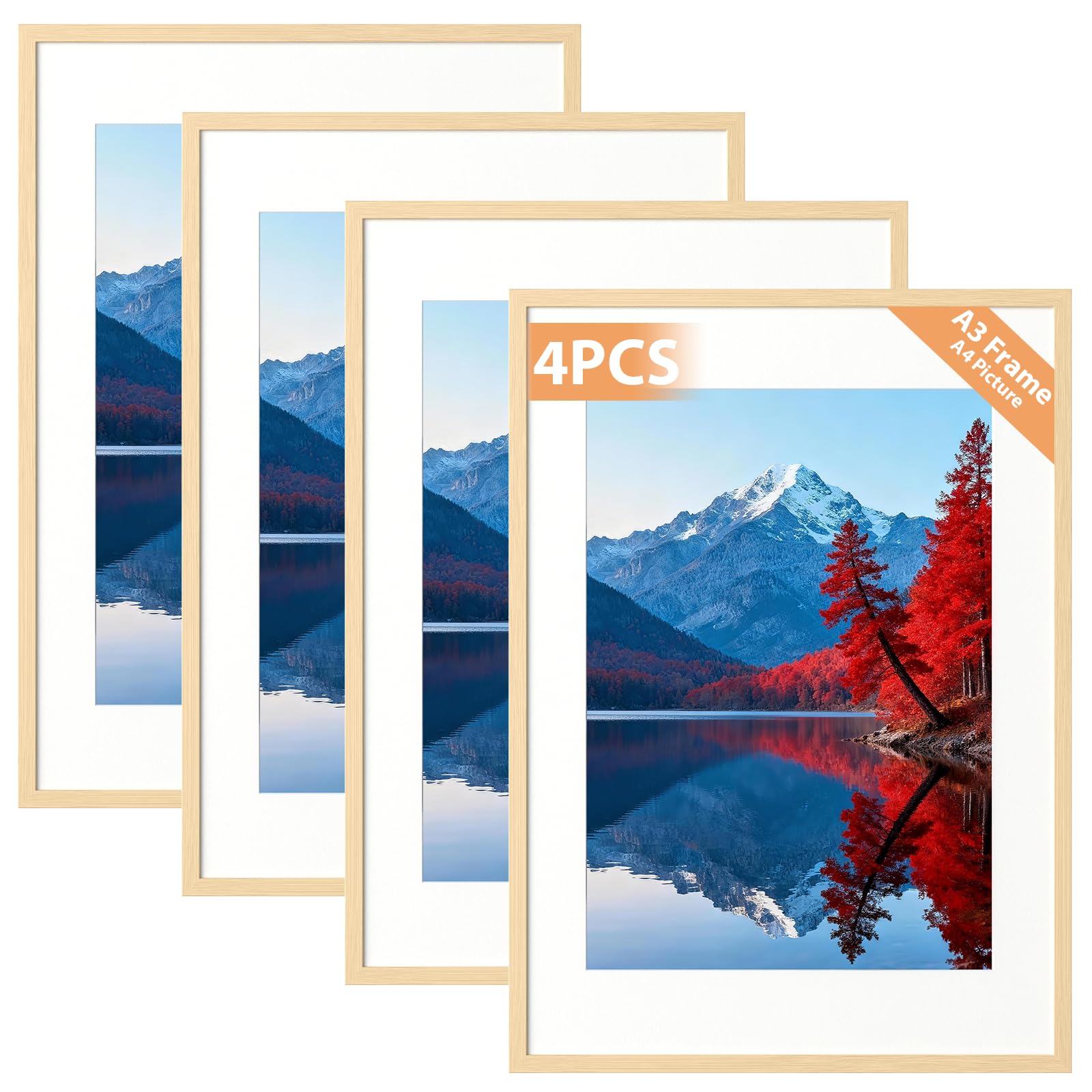 Alyvisun 4 Pack A3 Picture Frame, A3 Photo Frame for Pictures 20.5 x 28.7 cm with Mat or 28.7 x 41 cm Without Mat, Picture Frames Horizontal & Vertical for Wall Hanging, Photos Posters Art, Wood Tone