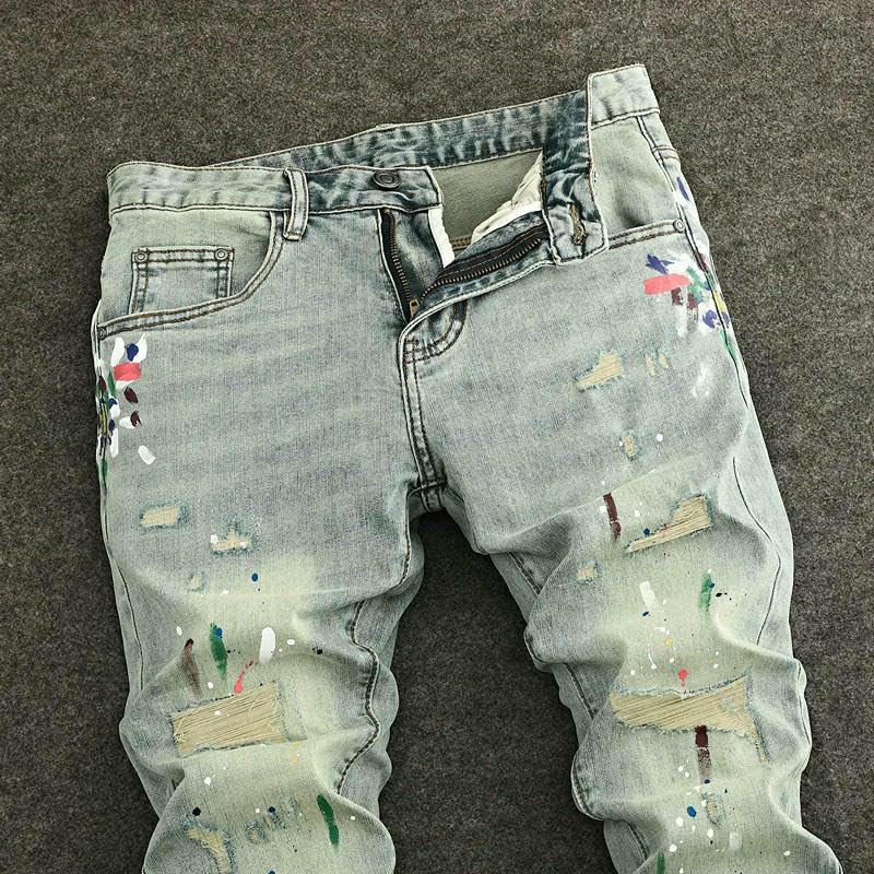 Mens Jeans Retro Washed Blue Stretch Slim Fit Ripped Jeans Men Painted Designer Vintage Casual Pencil Denim Pants3