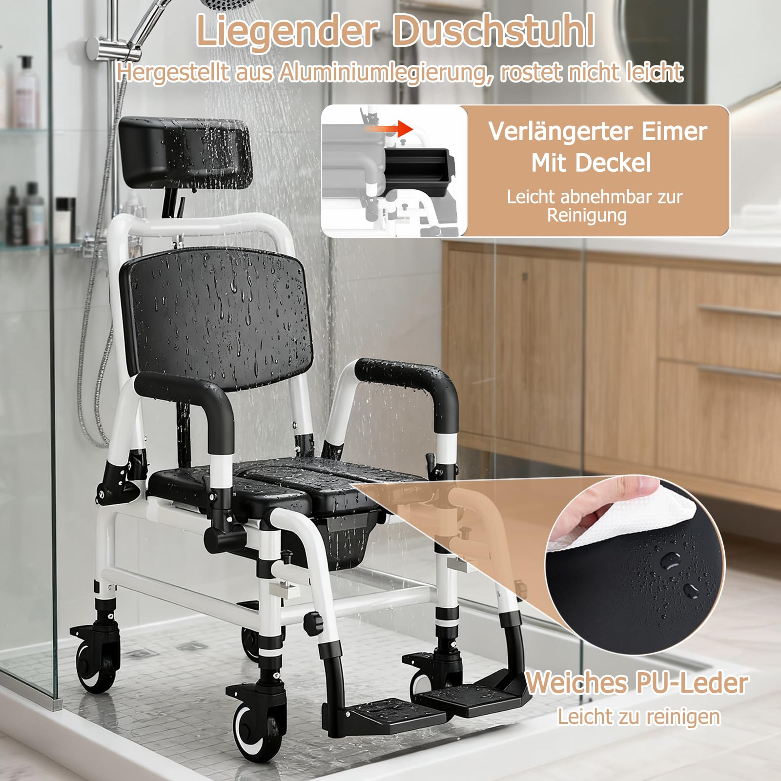 NJUN Duschrollstuhl mit Liegefunktion, Fahrbar Toilettenstuhl für Senioren, Toilettenrollstuhl Fahrbar mit Feststellbare Rollen, Verstellbarer Rückenlehne, Kopfstütze und Toiletteneimer
