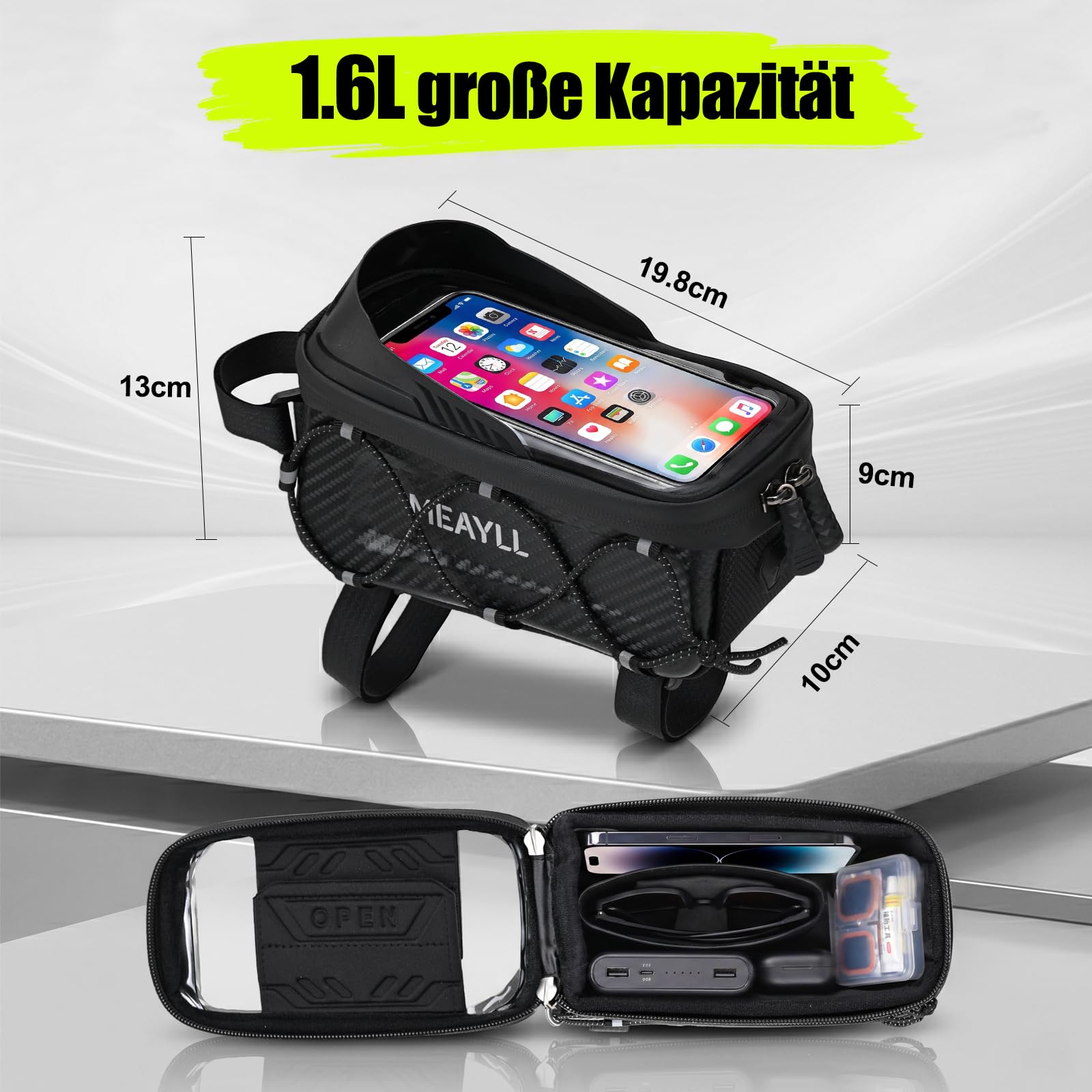 Fahrradtasche Rahmen 1,6L Wasserdicht I Rahmentasche Fahrrad mit Handyfenster & Touchscreen I Oberrohrtasche Fahrrad Klettverschluss – Ideal für Bikepacking, E-Bike, MTB, Gravelbike, Rennrad