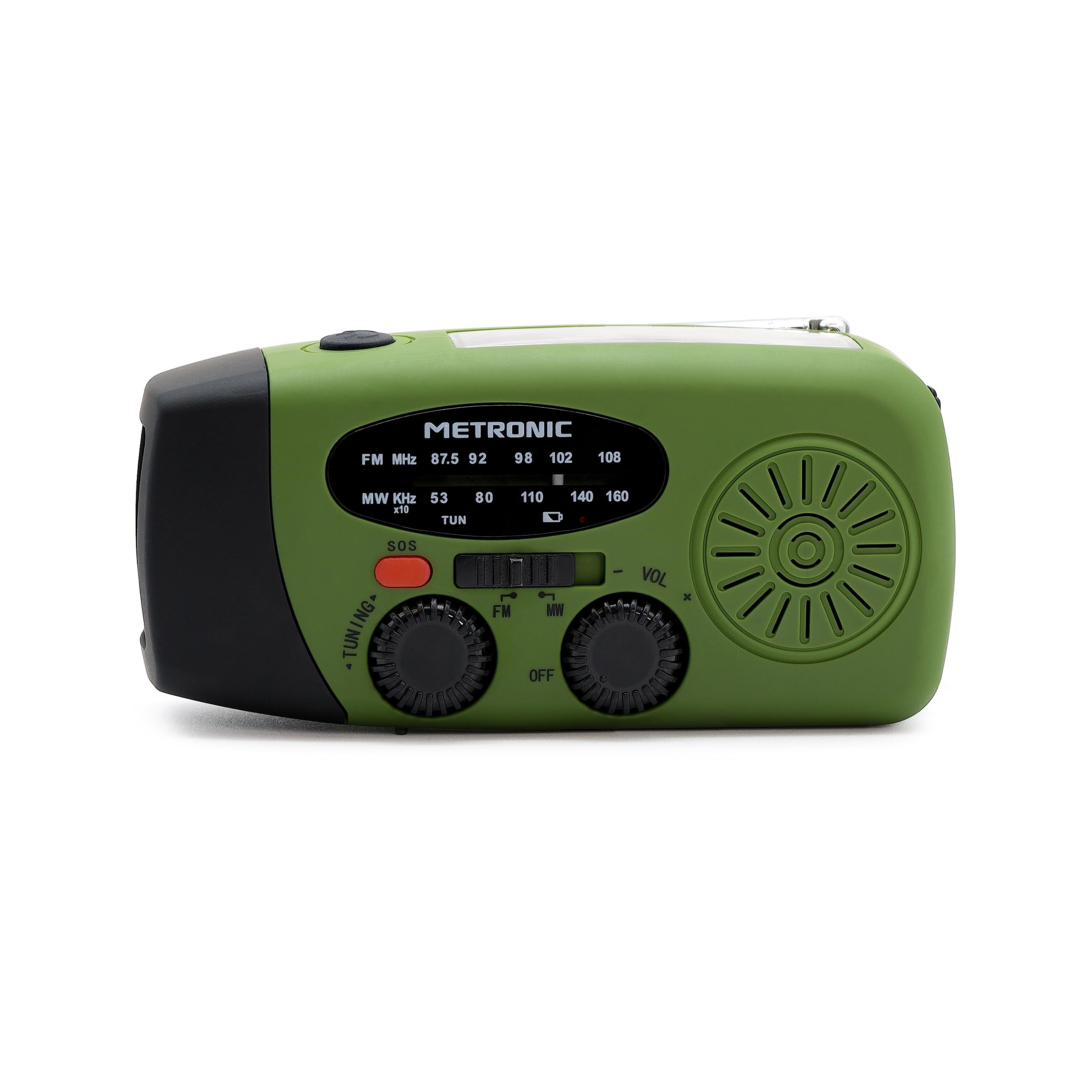 Metronic Radio FM Przenośne Solarne Ładowanie 2000mAh Dynamo - Stanowisko z przyciskiem SOS Awaryjne - Funkcja Latarki LED - Zielony i czarny - 477216