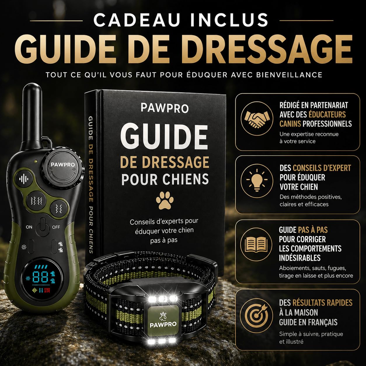 PAWPRO Collier de Dressage, Conforme Nouvelle Loi Bien Être Animal, Portée XXL 3km, Mode Lumière Nocturne, Guide de Dressage Inclus, BIP Vibration Boost, Adapté à Tous Les Chiens (2 Colliers)
