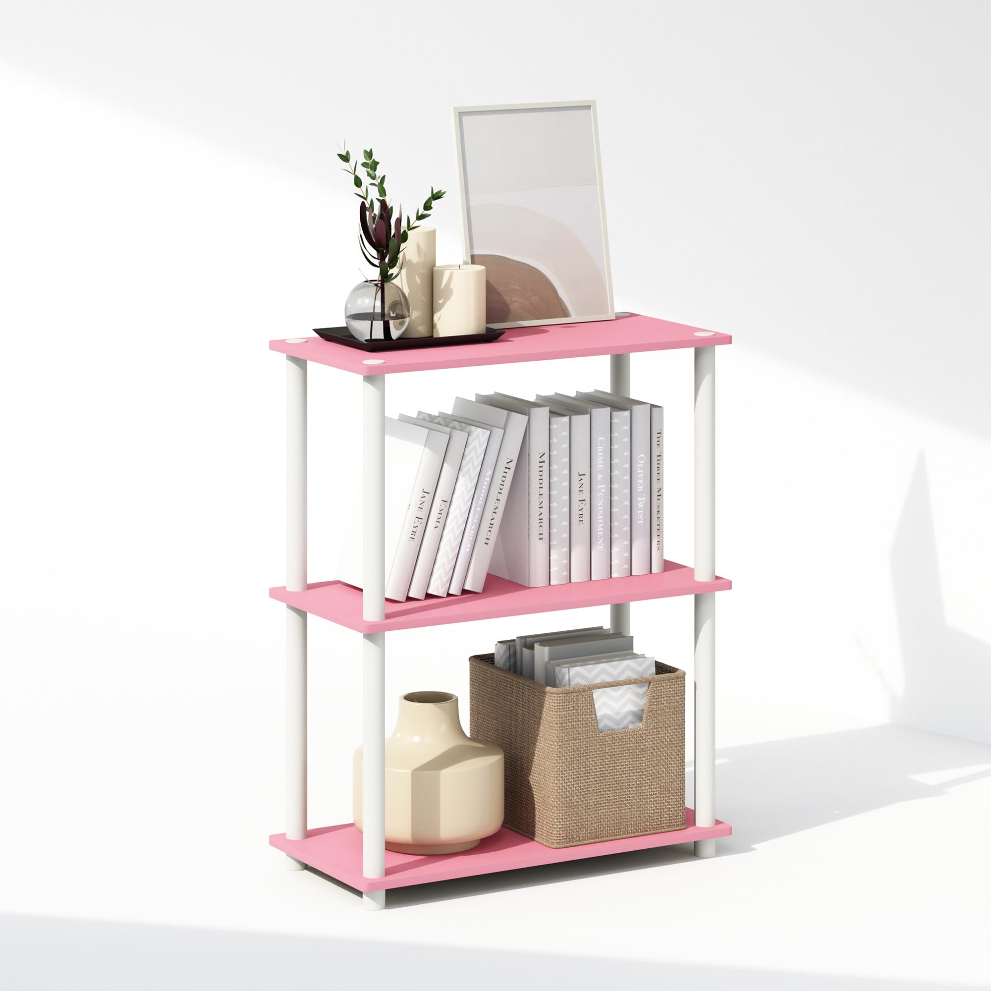 Furinno TURN-N-TUBE Book Shelf, 3-Tier Bookshelf, Bookcase with Multipurpose Compact Display Rack, 11.6 x 23.6 x 29.6, for Living Room, Bedroom, Home Office, Pink/White — image 1