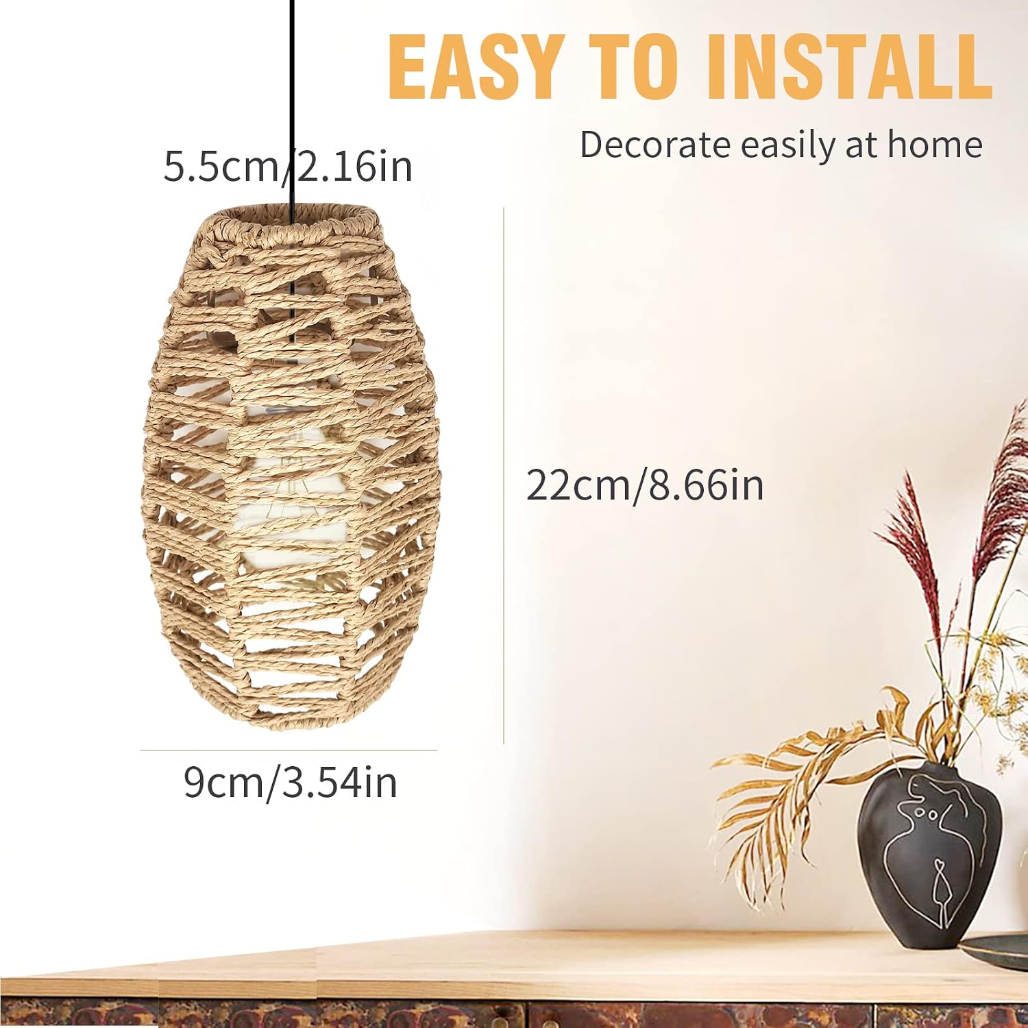 Rattan Lampshade Hemp Rope Lampshade (3.54x8.66inch) Woven Pendant Lampshade Retro Rattan Lampshade Living Room Bedroom Lampshade Ceiling Lamp Replacement Lamp