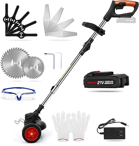HUDAEN Cortadora de hierba inalámbrica 3 en 1 con batería de iones de litio de 21 V y 2 Ah para jardín y patio con rueda, herramienta ligera para