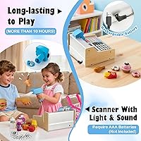 Vista 4 de Caja Registradora de Madera para Niños con Carrito de Compras Caja Registradora Infantil Recargable con Escáner Regalo para Niños de 3 4 5 6 7 8 9