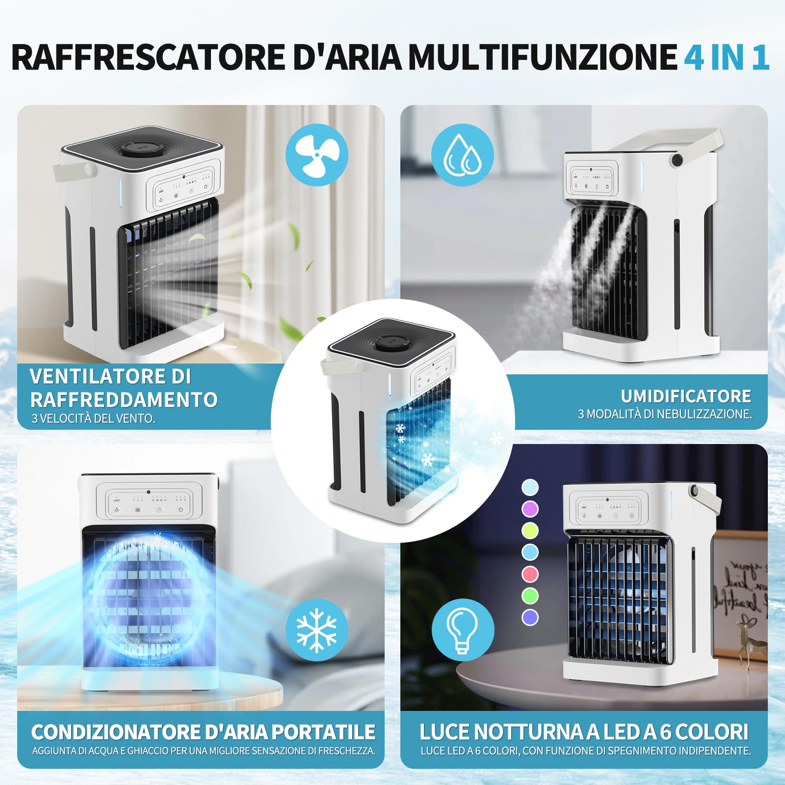 YFFU Condizionatore Portatile con Telecomando,1100ml Doppio Motore e Ventola Mini Climatizzatore,Timer 2-8, 3 velocità 3 Nebulizzazione,Ventilatore Aria Fredda per Casa Ufficio,Argento Bianca