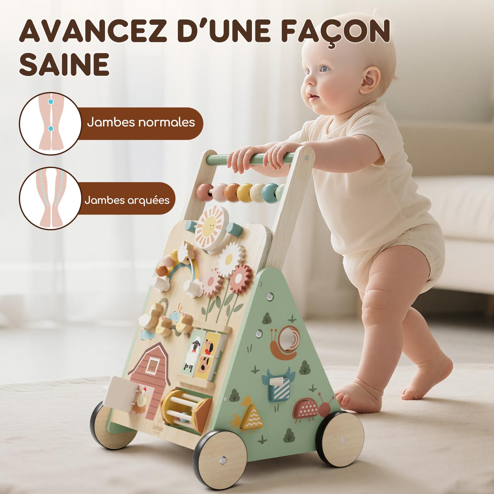 Chariot de Marche en Bois, Trotteur Bebe, Réglable Baby Walker Garçon Fille avec Centre d’Activités, Jouet Montessori Enfant 12 Mois+